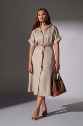 Turned Up Sleeve Midi Dress - Beige